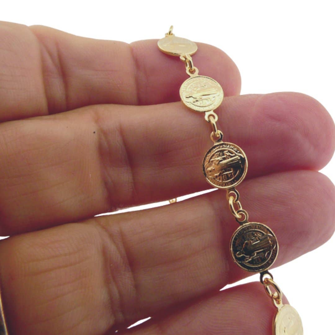 Gold-Plated St Benedict Coins Bracelet 7.5-inch