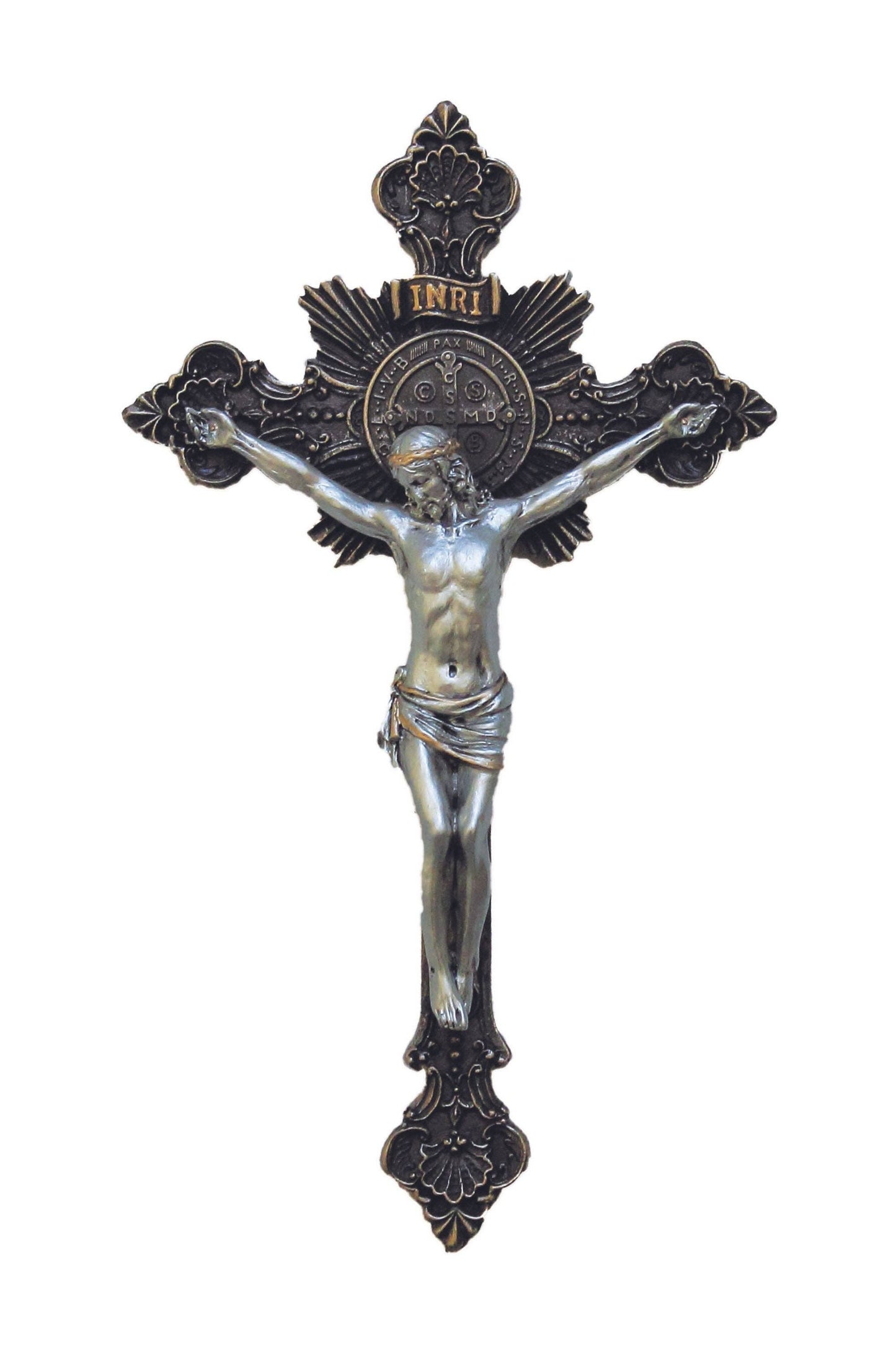 An ornate Bronze Cross featuring a St. Benedict medal behind the head of Jesus that is in a silver finish. Above Jesus's head it reads "INRI"