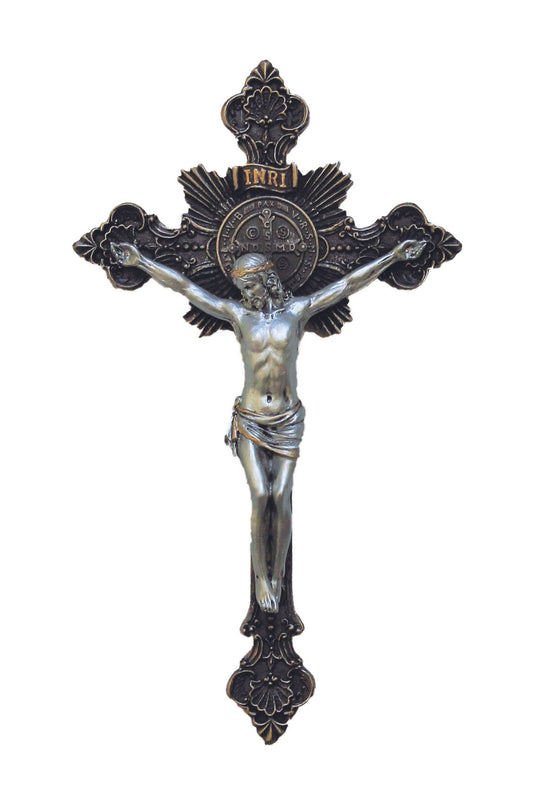 An ornate Bronze Cross featuring a St. Benedict medal behind the head of Jesus that is in a silver finish. Above Jesus's head it reads "INRI"