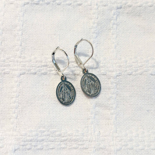 Mini Miraculous Medal Earrings in Silver