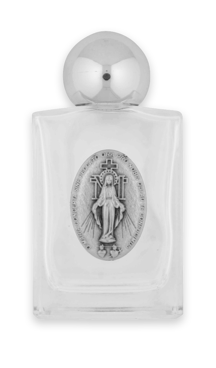 A glass holy water bottle featuring a silver Miraculous Medal.