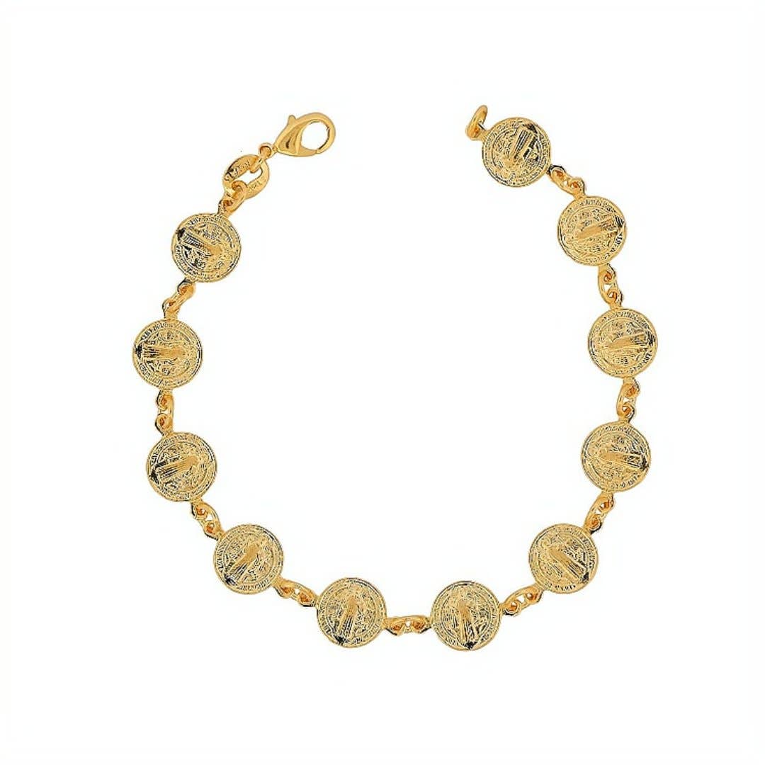Gold-Plated St Benedict Coins Bracelet 7.5-inch