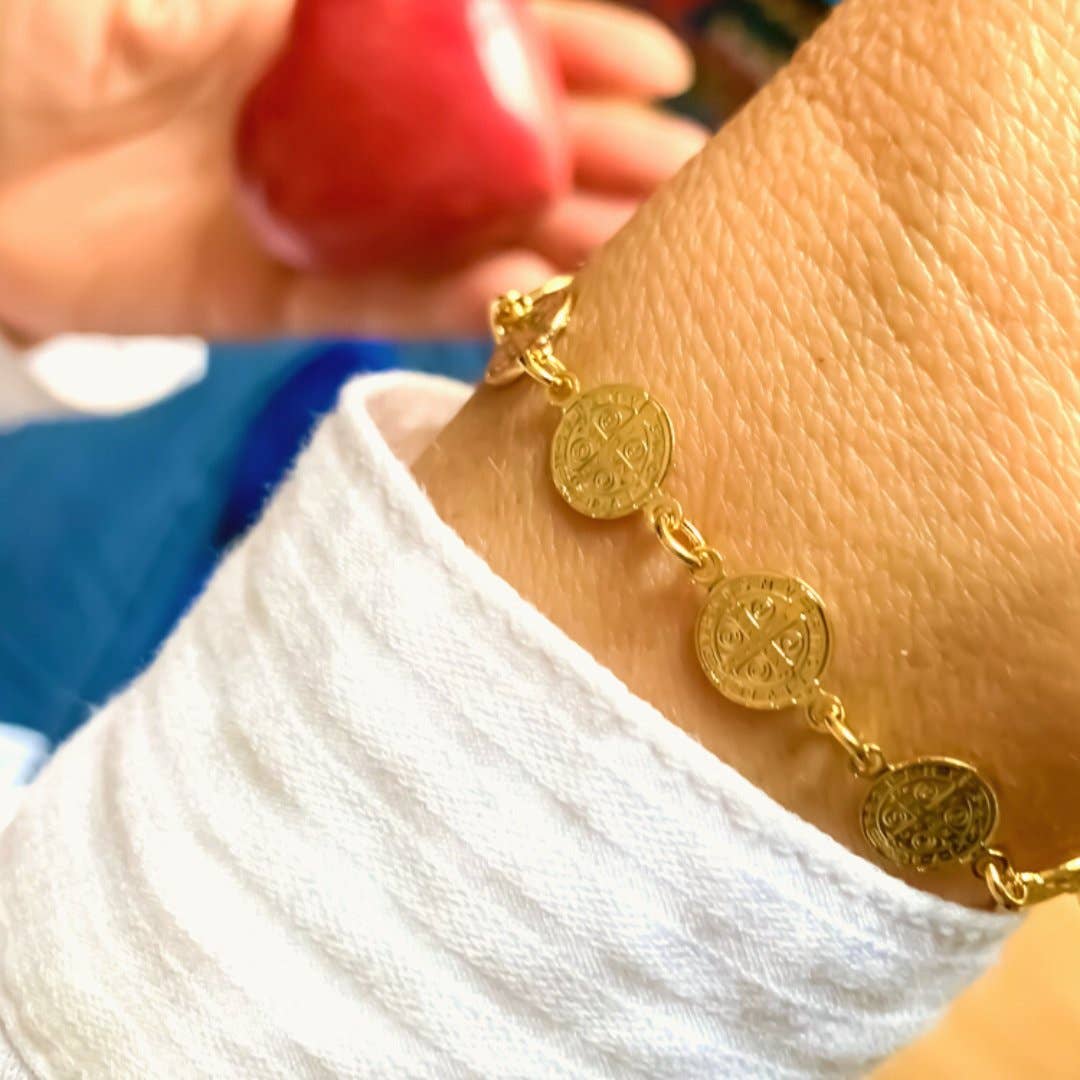 Gold-Plated St Benedict Coins Bracelet 7.5-inch