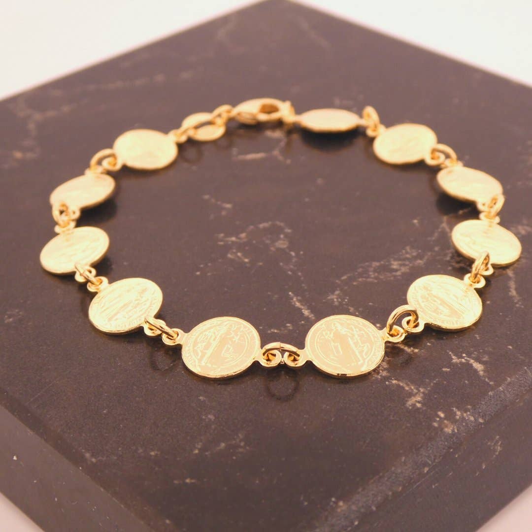 Gold-Plated St Benedict Coins Bracelet 7.5-inch