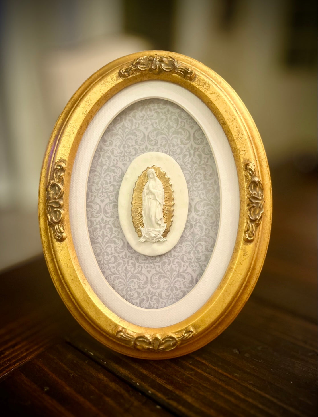 Our Lady of Guadalupe Oval-Framed Handcrafted Intaglio Art