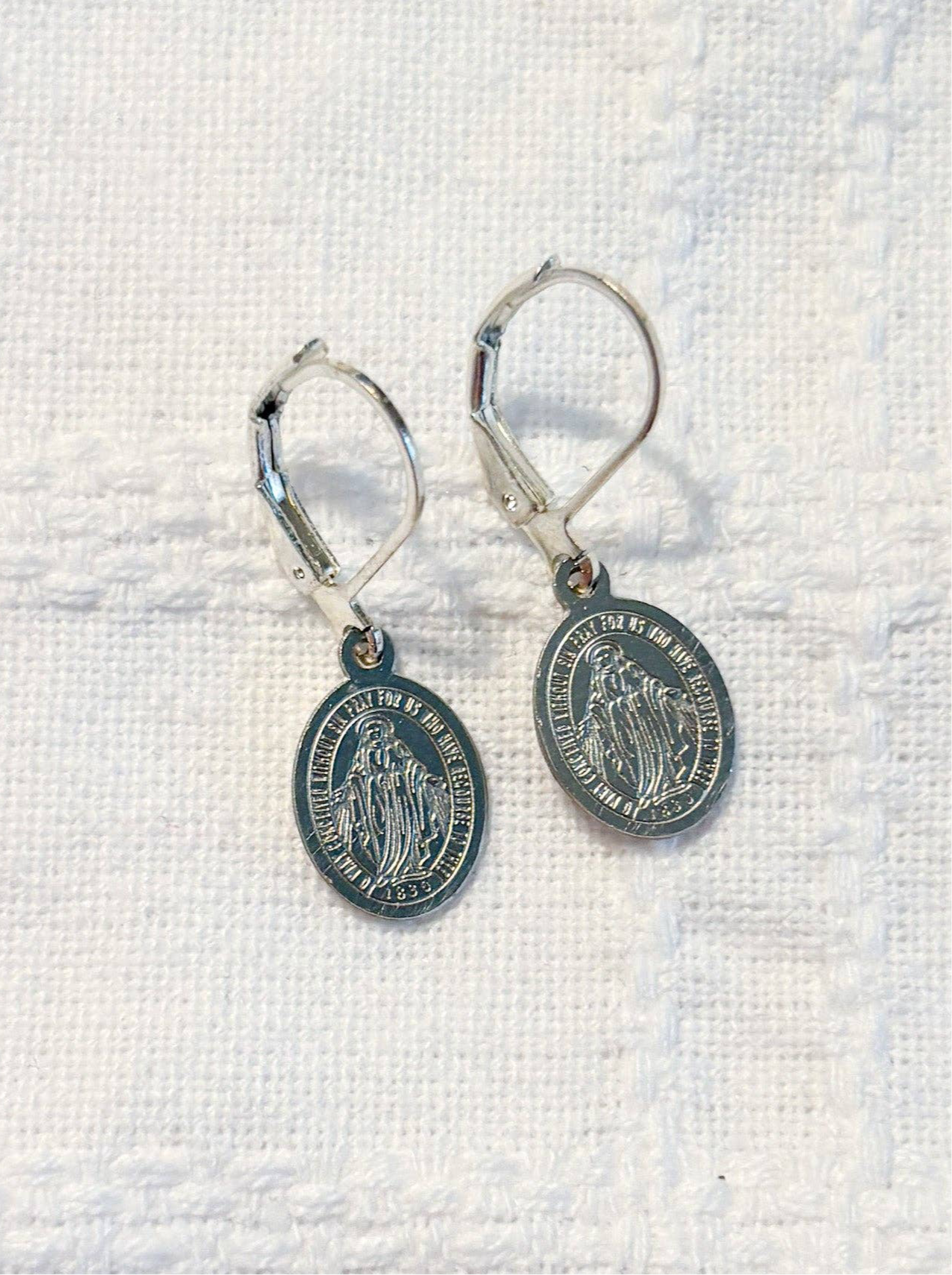 Mini Miraculous Medal Earrings in Silver