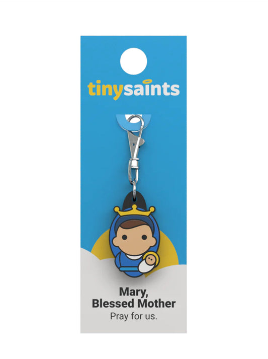 Tiny Saint Charm keychain featuring Mary, Blessed Mother