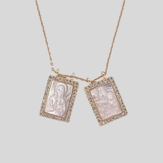 Mother of Pearl Scapular Necklace with White Zirconia