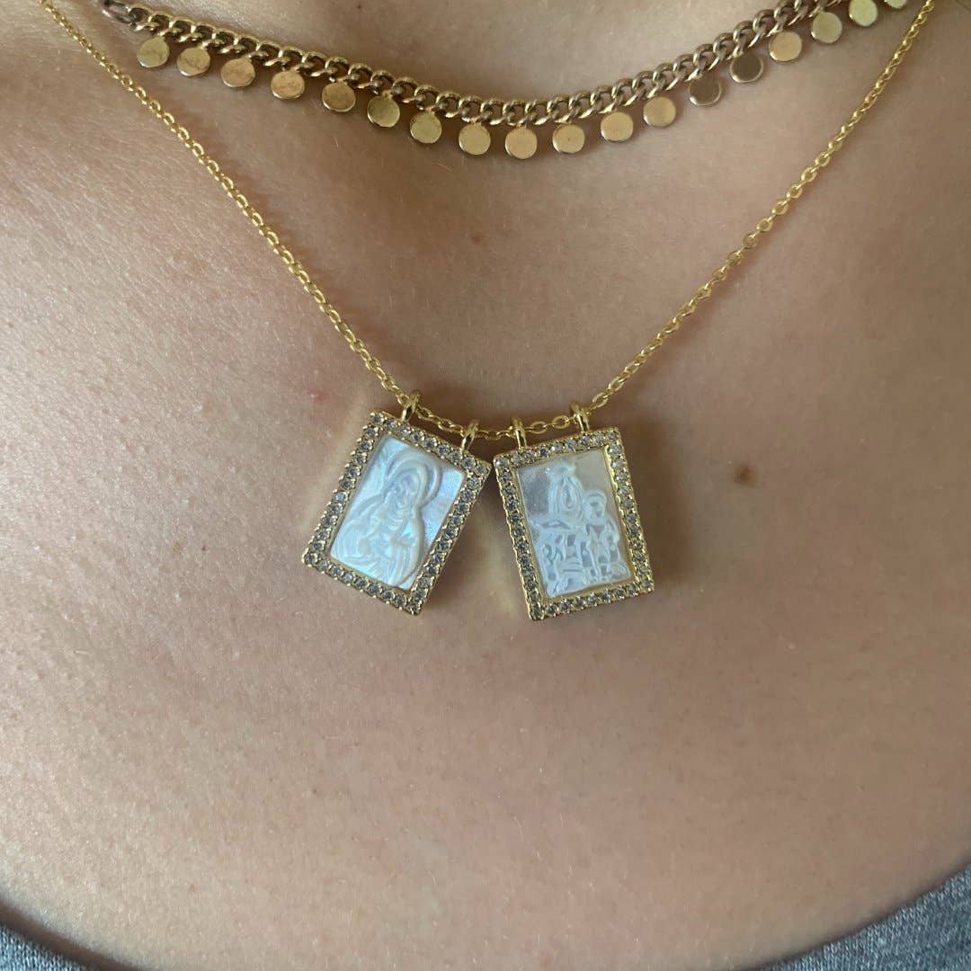 Mother of Pearl Scapular Necklace with White Zirconia