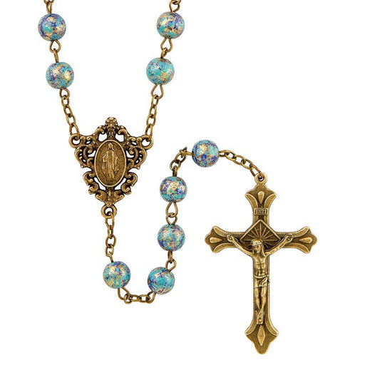 Simple but beautiful gold finish rosary featuring a crucifix and Mary, Mother of Jesus medal with blue beads.