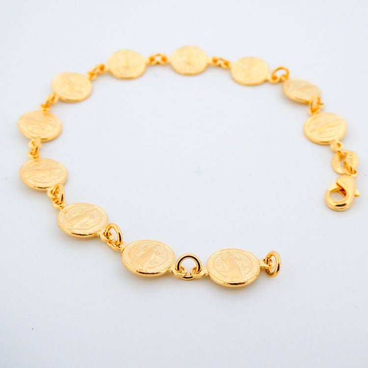 Gold-Plated St Benedict Coins Bracelet 7.5-inch