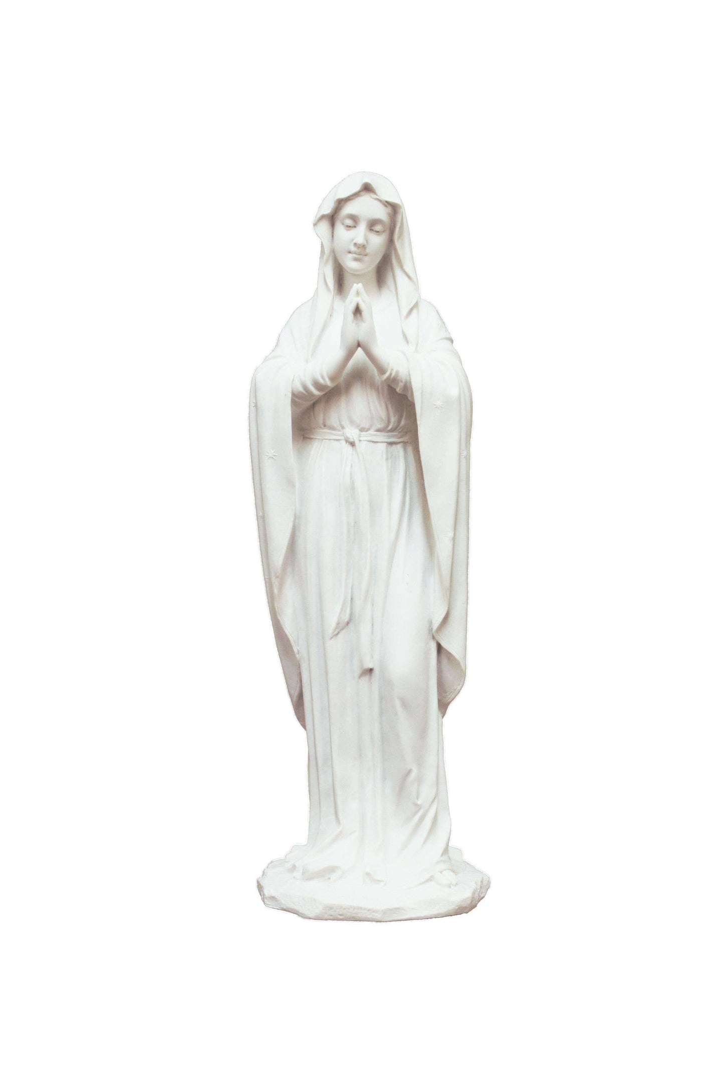 Adorning Virgin Mary Statue in white finish. Mary has her hands together in prayer.