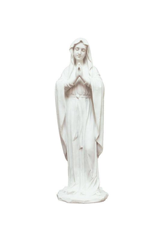 Adorning Virgin Mary Statue in white finish. Mary has her hands together in prayer.