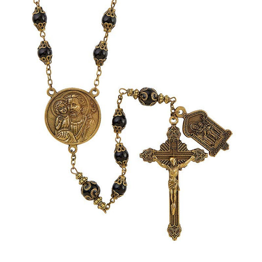 Antique Gold Finish rosary with black beads, featuring a St. Joseph Medal