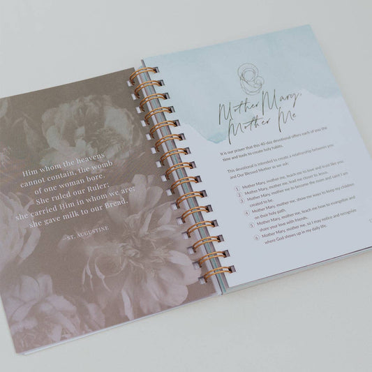 Inside view of a 40-Day Devotional to Holy Habits, "Mother Mary, Mother Me" compiled by Amy D'Ambra and Adina Braatz from My Saint My Hero.  