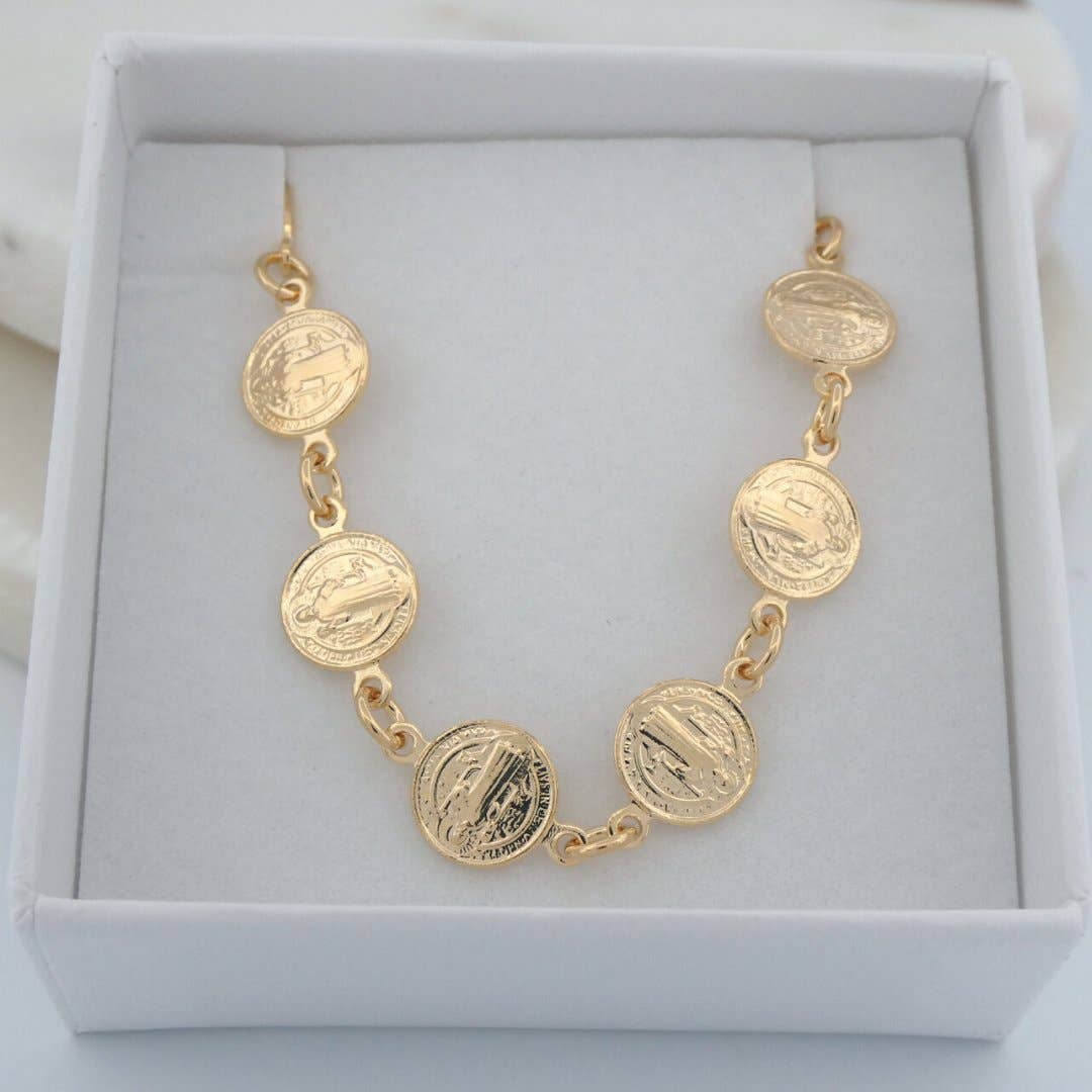 Gold-Plated St Benedict Coins Bracelet 7.5-inch
