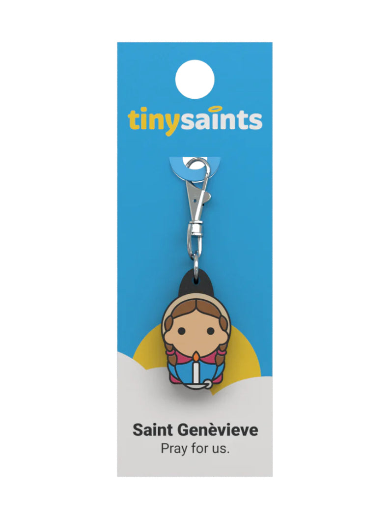 Tiny Saint Charm keychain featuring Saint Genevieve