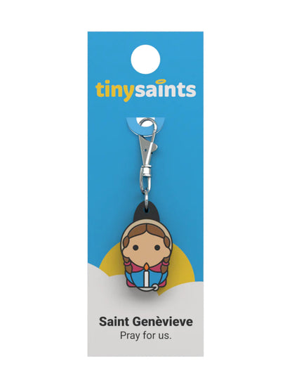 Tiny Saint Charm keychain featuring Saint Genevieve