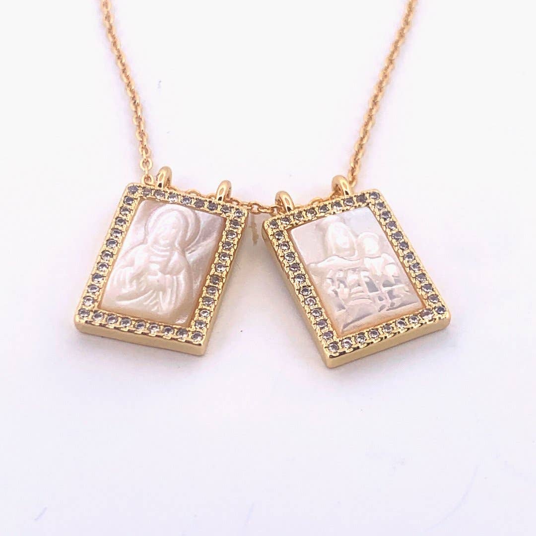 Mother of Pearl Scapular Necklace with White Zirconia