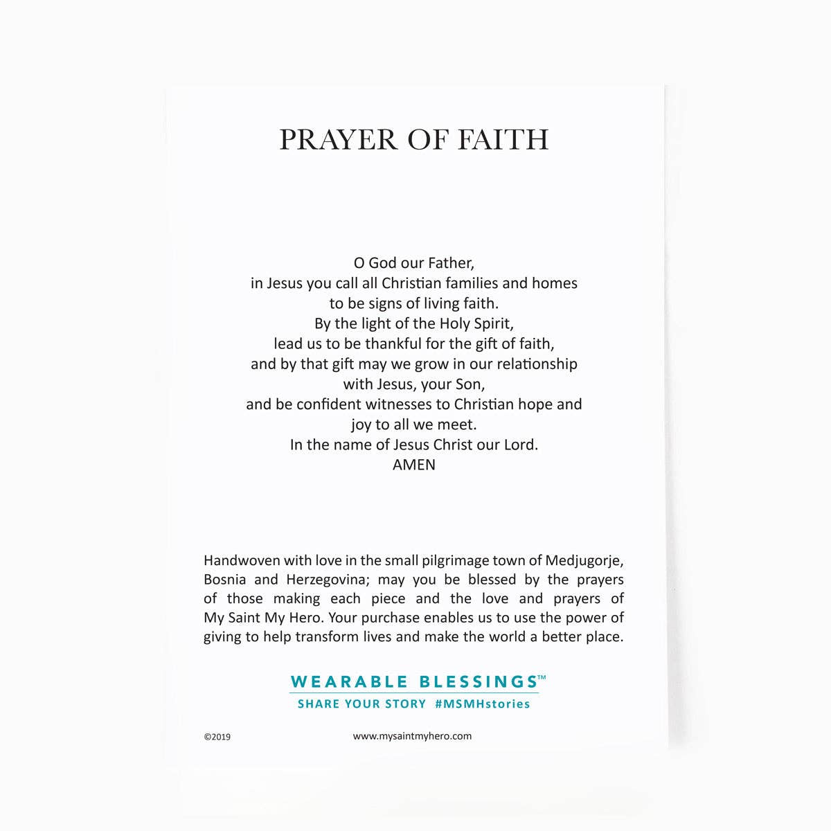 The backside of the display card featuring a prayer of faith.