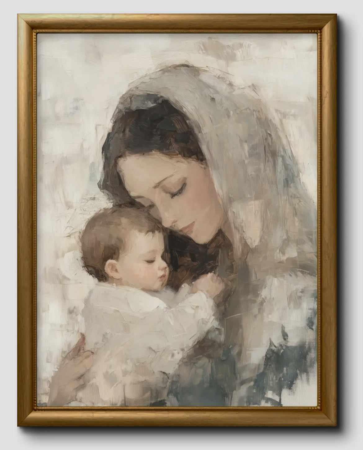Artwork featuring Mother Mary holding Baby Jesus in a gold frame.