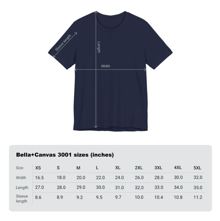 A plain navy blue shirt with a Bella+Canvas 3001 sizing chart below.