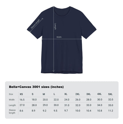 A plain navy blue shirt with a Bella+Canvas 3001 sizing chart below.