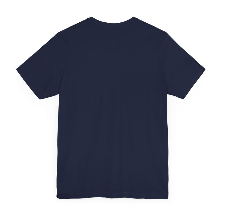A navy blue shirt showing the backside of the shirt with no graphic image. 