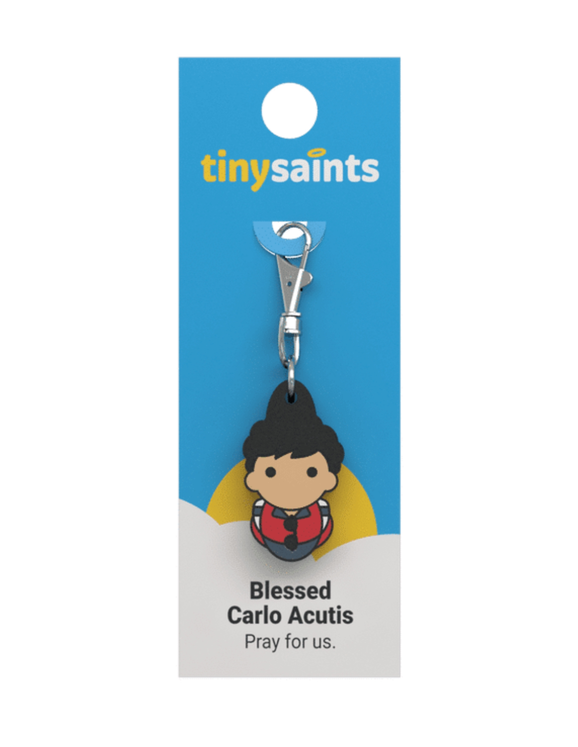 Tiny Saint Charm keychain featuring Blessed Carlo Acutis
