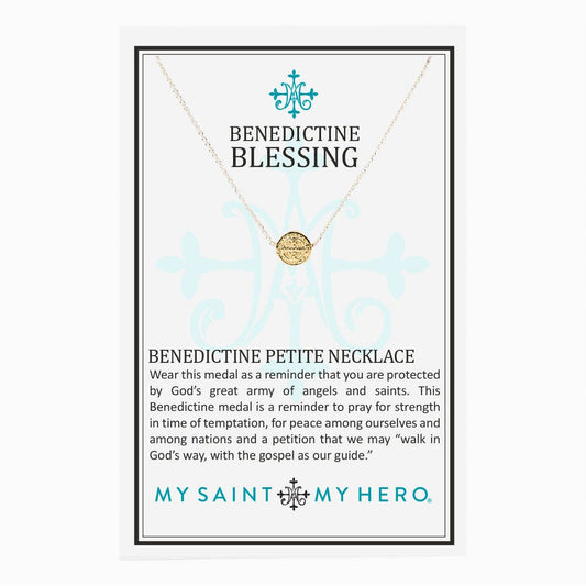 A Silver and Gold St. Benedictine Medal Necklace display card stating it is a Benedictine Petite Necklace and features My Saint My Hero logo at the bottom