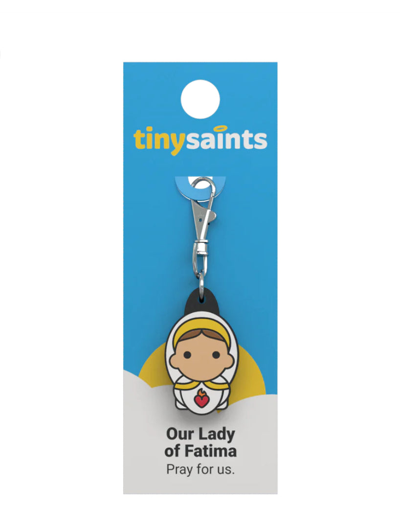 Tiny Saint Charm keychain featuring Our Lady of Fatima