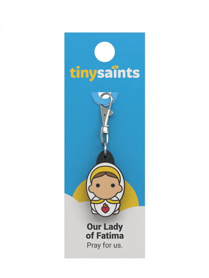 Tiny Saint Charm keychain featuring Our Lady of Fatima