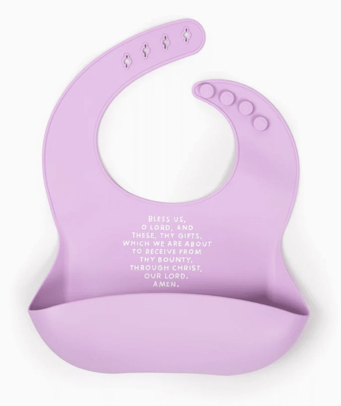 Pinkish purple silicone bib with meal blessing prayer