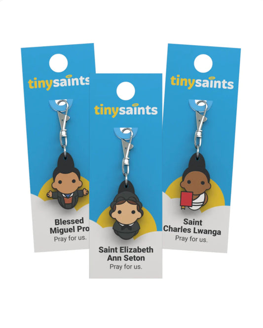 Tiny Saint Charm keychain featuring different saints