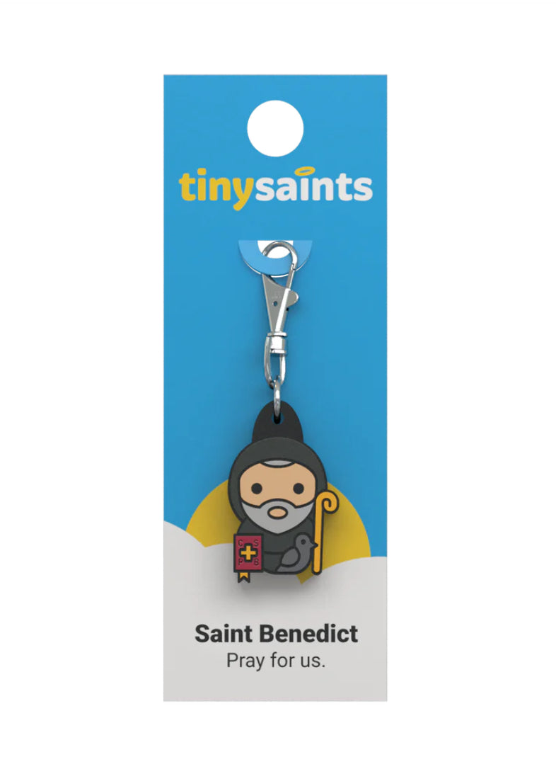 Tiny Saint Charm keychain featuring St. Benedict