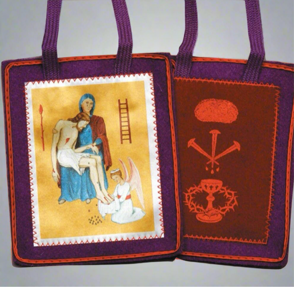 A purple Scapular featuring Mary holding a bleeding Jesus with an angel wiping Jesus's feet on one side.  The other side depicts religious images relating to the death of Jesus. 