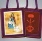 A purple Scapular featuring Mary holding a bleeding Jesus with an angel wiping Jesus's feet on one side.  The other side depicts religious images relating to the death of Jesus. 