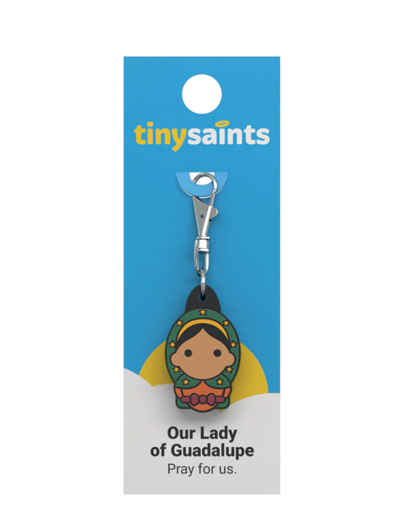 Tiny Saint Charm keychain featuring Our Lady of Guadalupe
