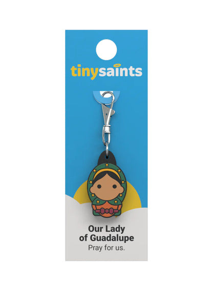 Tiny Saint Charm keychain featuring Our Lady of Guadalupe