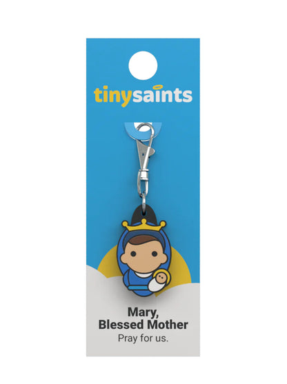 Tiny Saint Charm keychain featuring Mary, Blessed Mother