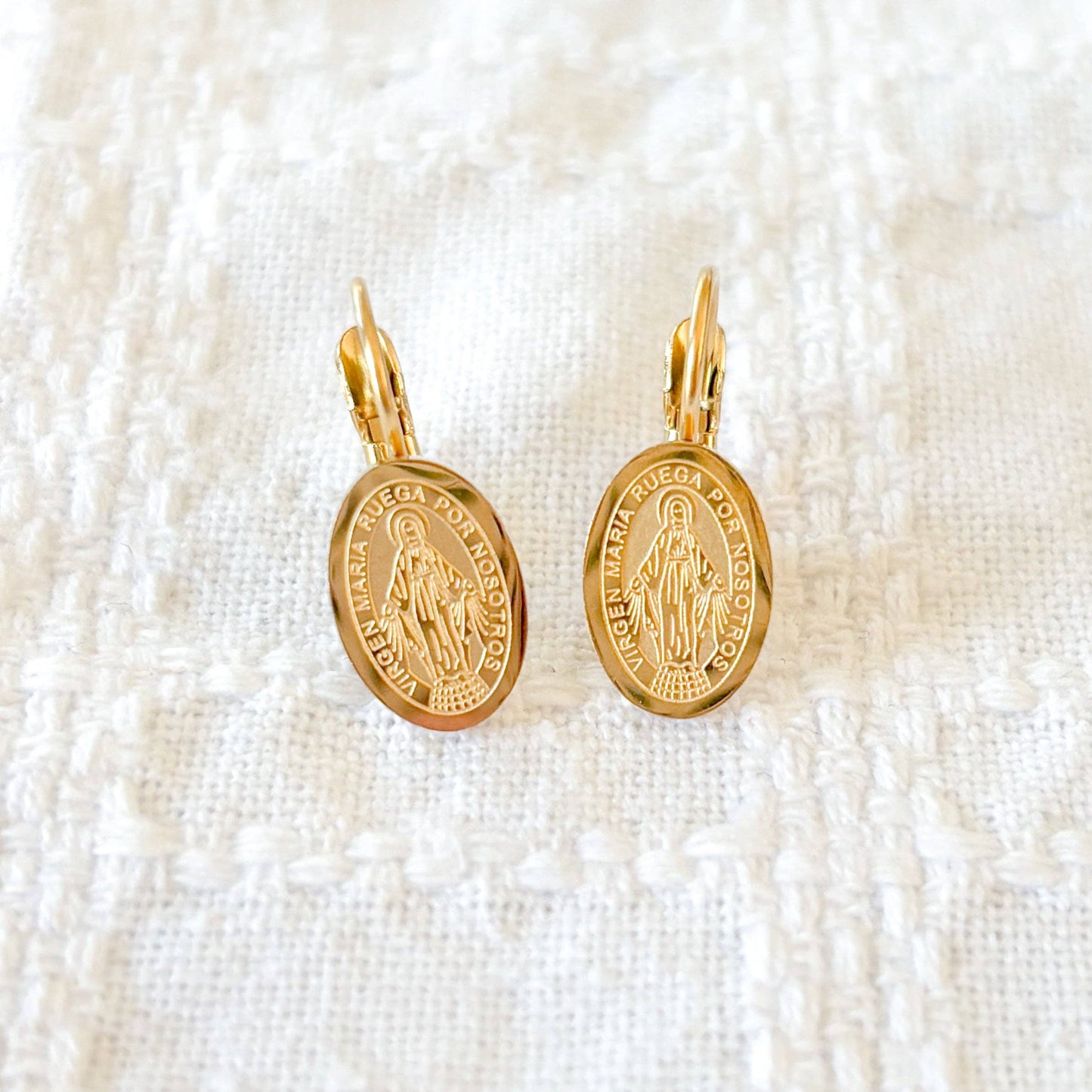 Mini Miraculous Medal Earrings in Gold