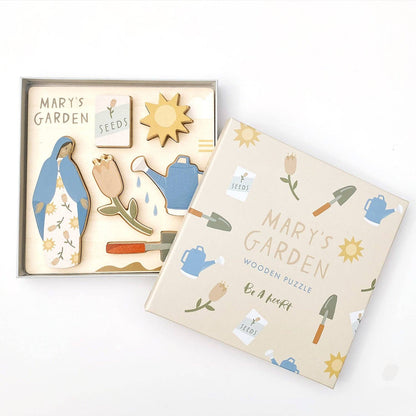 Mary’s Garden puzzle featuring Mary, Flowers, Shovel, Watering can, Seeds, and Sun in a box.