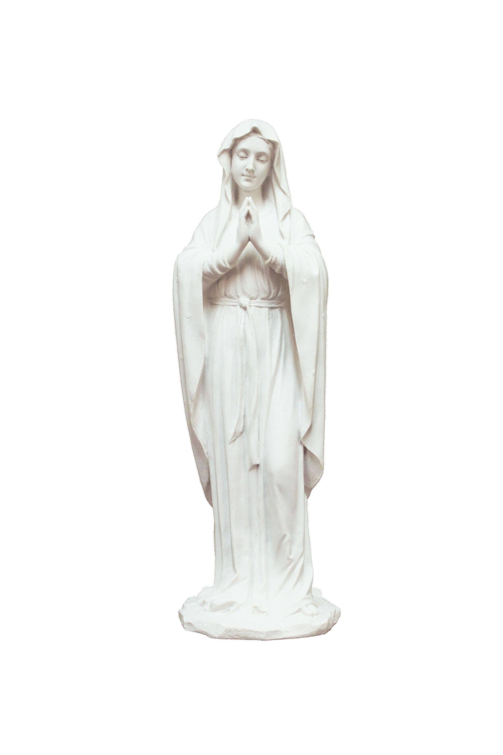 Adorning Virgin Mary Statue in white finish. Mary has her hands together in prayer. 